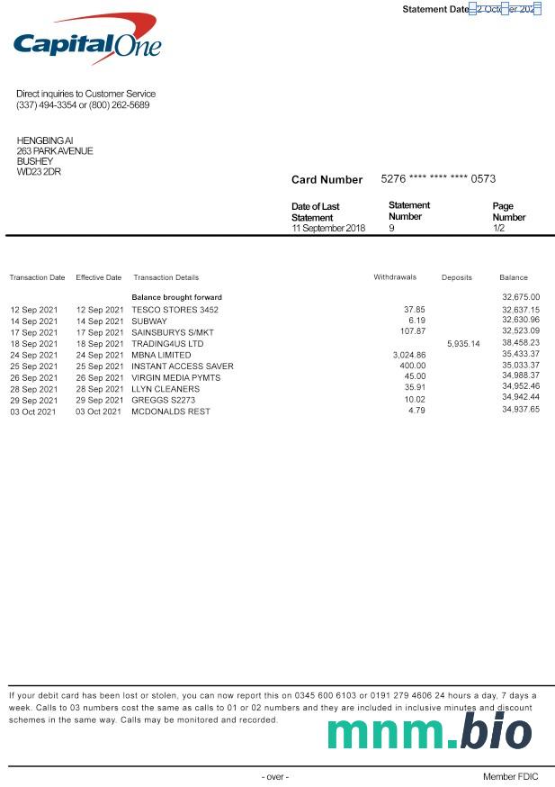 Wyciąg z banku USA Capital One łatwy do wypełnienia szablon w formacie Excel i PDF